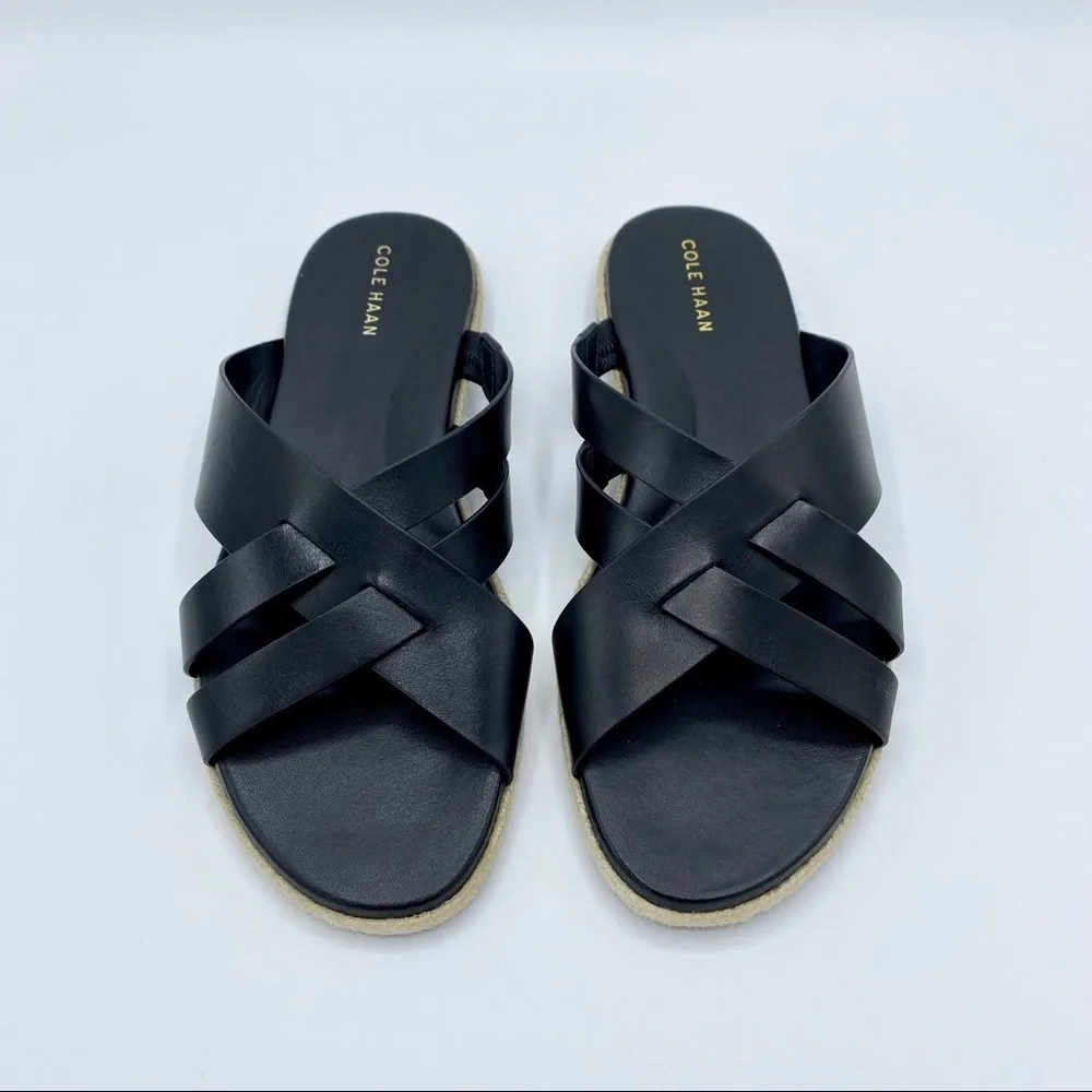 Cole Haan Black Leather Florens Espadrille Slide Sandal Size 7